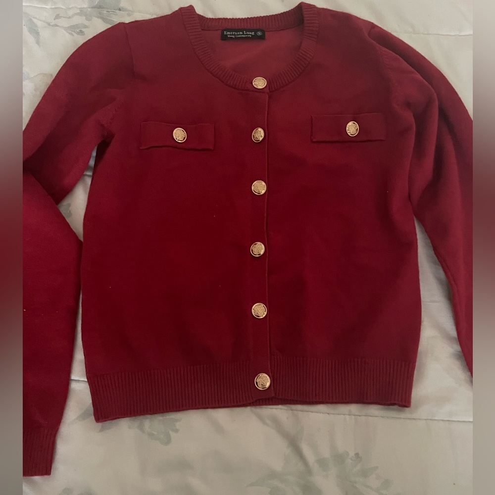 Elegant Red Sweater with Gold Buttons